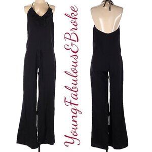 YOUNG FABULOUS & BROKE 100% Linen Black Wide Leg Halter Jumpsuit, Size Small